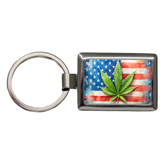 Patriotic Marijuana Leaf on American Flag Background Rectangle Metal Keychain
