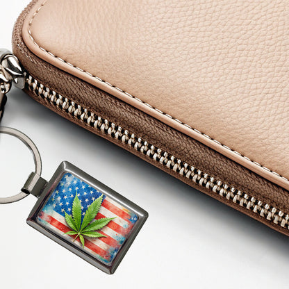 Patriotic Marijuana Leaf on American Flag Background Rectangle Metal Keychain