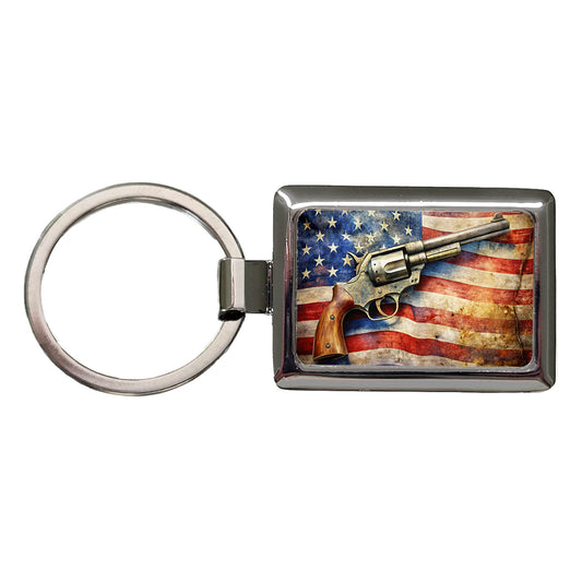Patriotic Western Revolver With American Flag 2nd Amendment Watercolor Rectangle Metal Keychain