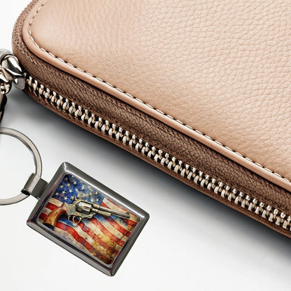 Patriotic Western Revolver With American Flag 2nd Amendment Watercolor Rectangle Metal Keychain