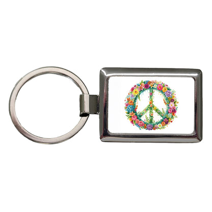 Peace Symbol Floral Watercolor Rectangle Metal Keychain