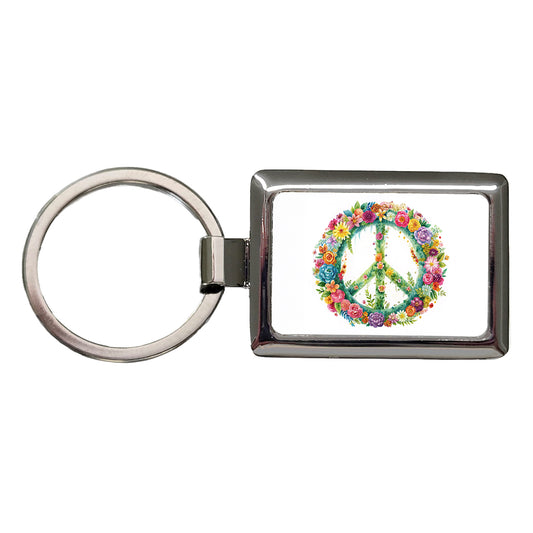Peace Symbol Floral Watercolor Rectangle Metal Keychain
