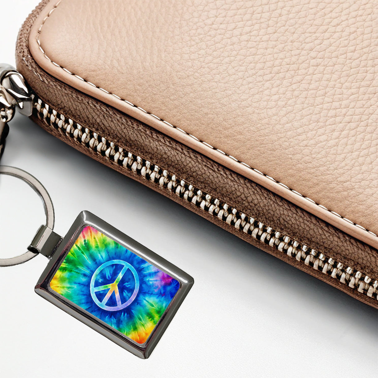 Peace Symbol Rainbow Hippie Tie Dye Background Rectangle Metal Keychain