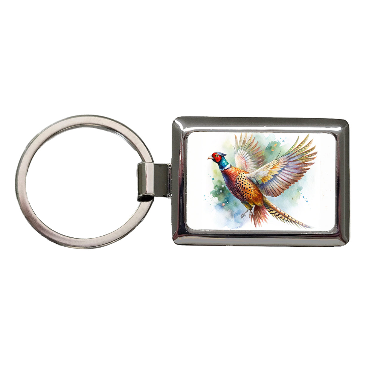Pheasant In Flight Watercolor Rectangle Metal Keychain