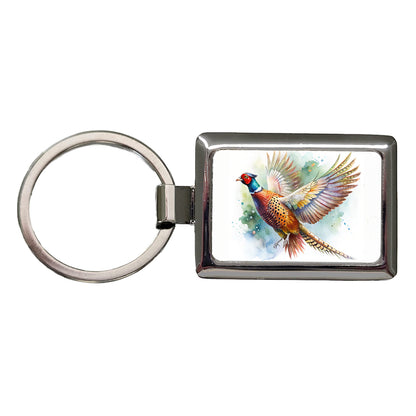 Pheasant In Flight Watercolor Rectangle Metal Keychain
