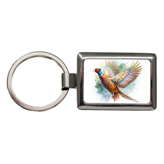 Pheasant In Flight Watercolor Rectangle Metal Keychain