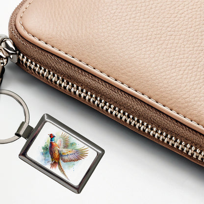 Pheasant In Flight Watercolor Rectangle Metal Keychain
