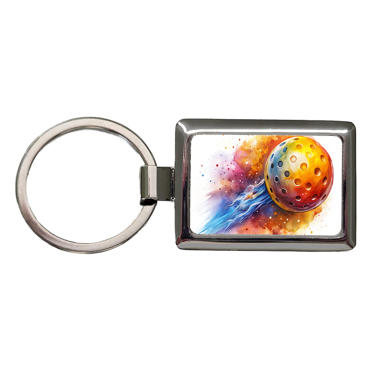 Pickleball Ball Rocketing Through The Air Watercolor Rectangle Metal Keychain