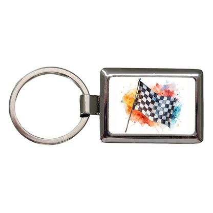 Racing Checkered Flag Watercolor Rectangle Metal Keychain
