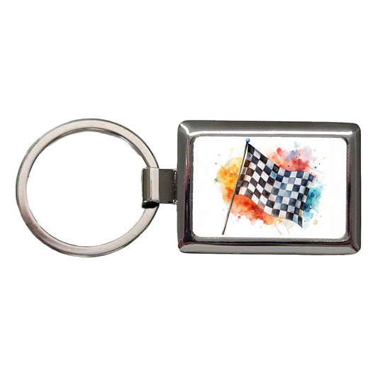 Racing Checkered Flag Watercolor Rectangle Metal Keychain