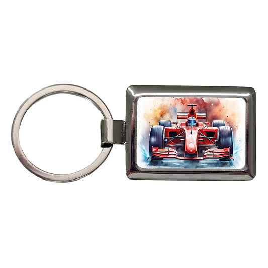 Red Sports Racing Car Watercolor Rectangle Metal Keychain