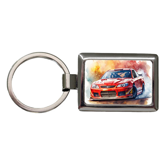 Red Stock Racing Car Watercolor Rectangle Metal Keychain