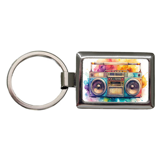 Retro Boom Box Radio Cassette Player Watercolor Rectangle Metal Keychain