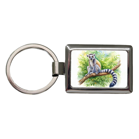 Ring-Tailed Lemur In Tree Watercolor Rectangle Metal Keychain