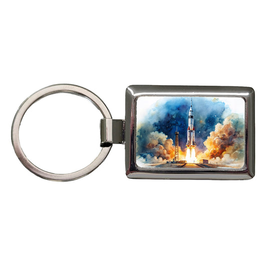 Rocket Spaceship Launch Sci-fi Watercolor Rectangle Metal Keychain