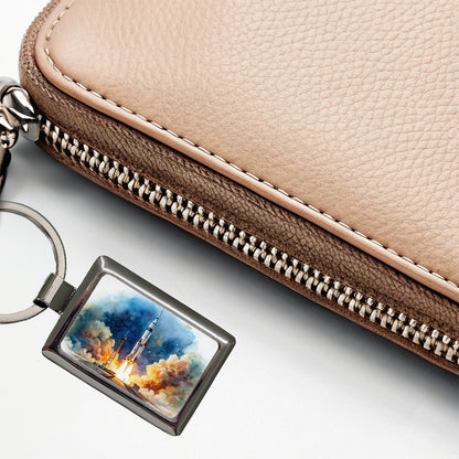 Rocket Spaceship Launch Sci-fi Watercolor Rectangle Metal Keychain