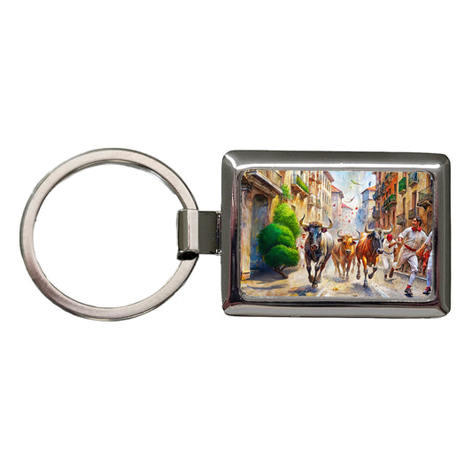 Running of the Bulls in Spain Rectangle Metal Keychain