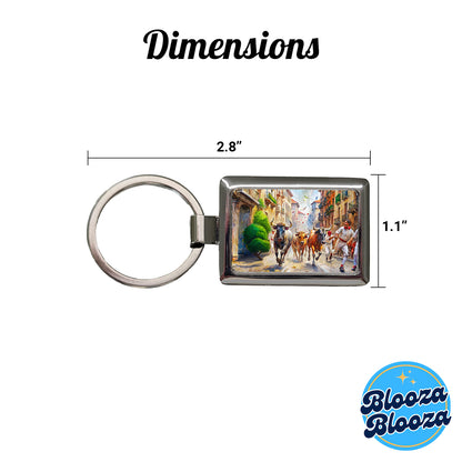 Running of the Bulls in Spain Rectangle Metal Keychain
