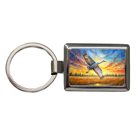 Sandhill Crane In Flight At Sunset Watercolor Rectangle Metal Keychain