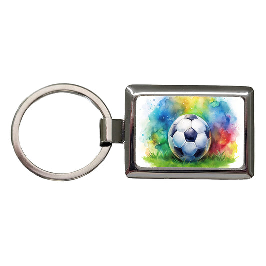 Soccer Ball On Field Watercolor Rectangle Metal Keychain