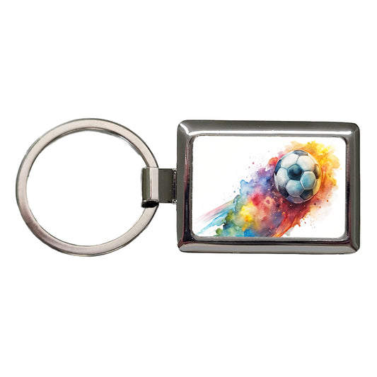 Soccer Ball Rocketing Through The Air Watercolor Rectangle Metal Keychain