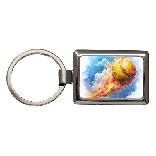 Softball Rocketing Through The Sky Watercolor Rectangle Metal Keychain
