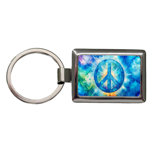 Solid Blue Peace Symbol Tie Dye Background Hippie Watercolor Rectangle Metal Keychain