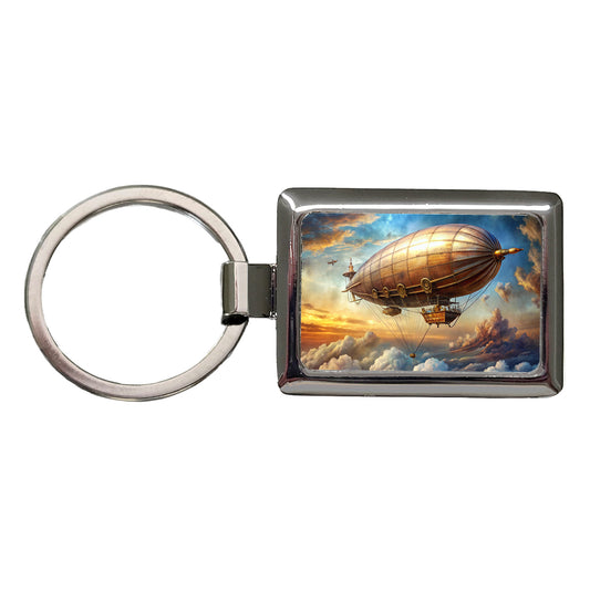 Steampunk Airship Dirigible Flying in Cloudy Sky Fantasy Sci-fi Rectangle Metal Keychain