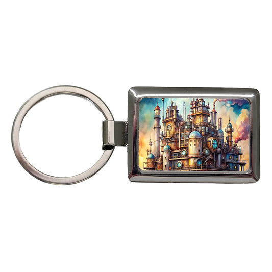 Steampunk Castle City Fantasy Sci-fi Rectangle Metal Keychain