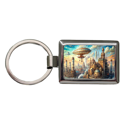 Steampunk City and Airship Fantasy Sci-fi Scene Rectangle Metal Keychain