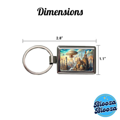 Steampunk City and Airship Fantasy Sci-fi Scene Rectangle Metal Keychain