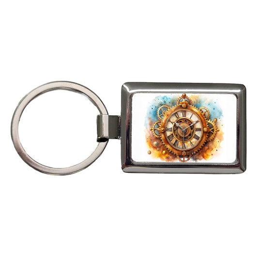 Steampunk Clock Fantasy Sci-fi Watercolor Rectangle Metal Keychain
