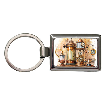 Steampunk Coffee Maker Fantasy Sci-fi Watercolor Rectangle Metal Keychain