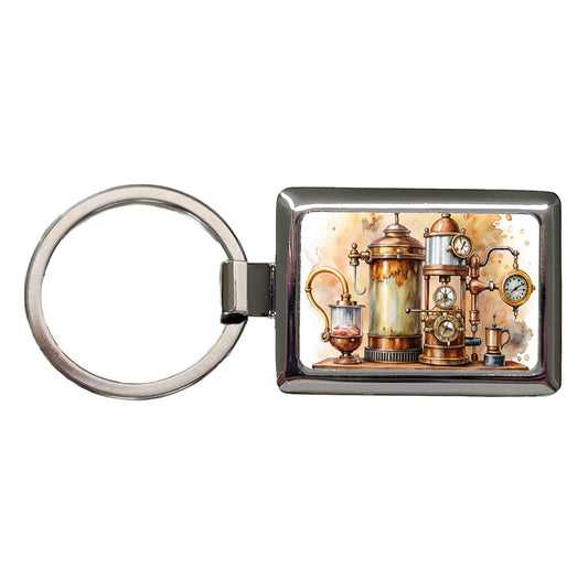 Steampunk Coffee Maker Fantasy Sci-fi Watercolor Rectangle Metal Keychain