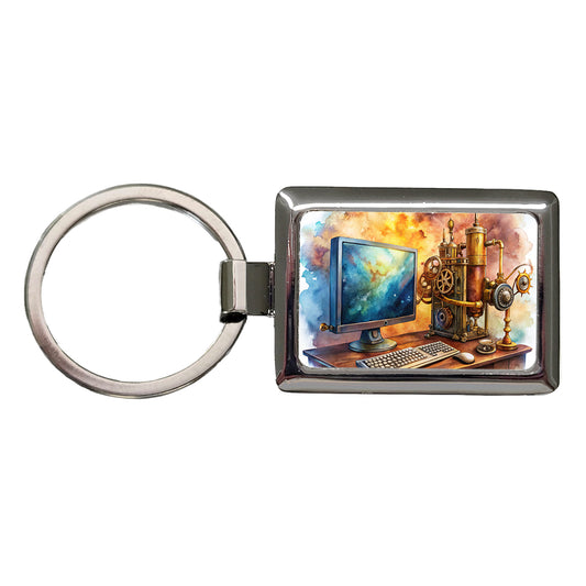 Steampunk Desktop PC Computer Fantasy Sci-fi Watercolor Rectangle Metal Keychain