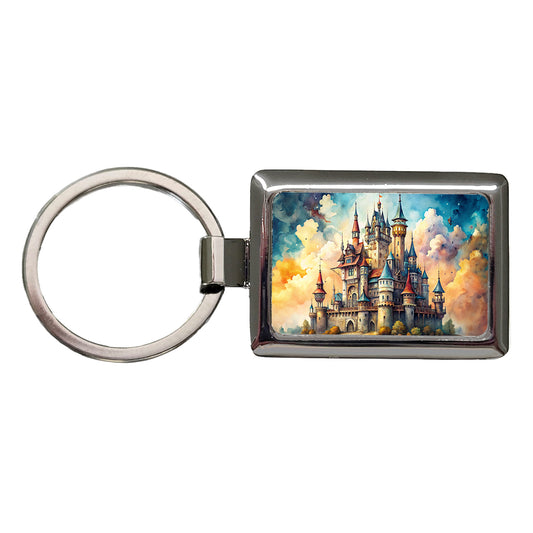 Steampunk Fantasy Castle Watercolor Rectangle Metal Keychain