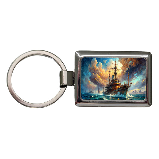 Steampunk Iron Warship Fantasy Sci-fi Watercolor Rectangle Metal Keychain