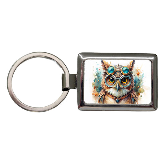 Steampunk Owl With Goggles Fantasy Sci-fi Watercolor Rectangle Metal Keychain
