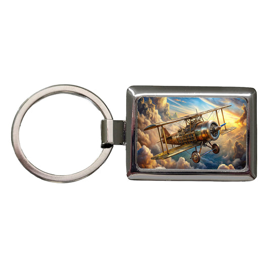 Steampunk Plane Airship in Cloudy Sky Fantasy Sci-fi Rectangle Metal Keychain