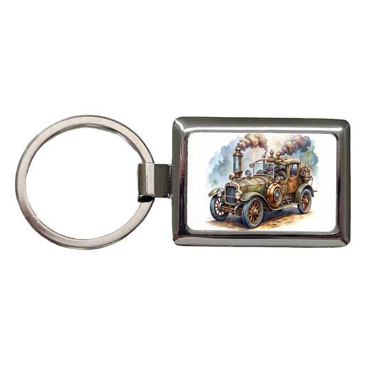 Steampunk Retro Fantasy Sci-fi Car Watercolor Rectangle Metal Keychain