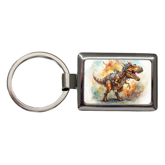Steampunk T-Rex Dinosaur Fantasy Sci-fi Watercolor Rectangle Metal Keychain