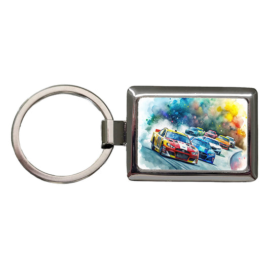 Stock Car Racing Watercolor Rectangle Metal Keychain