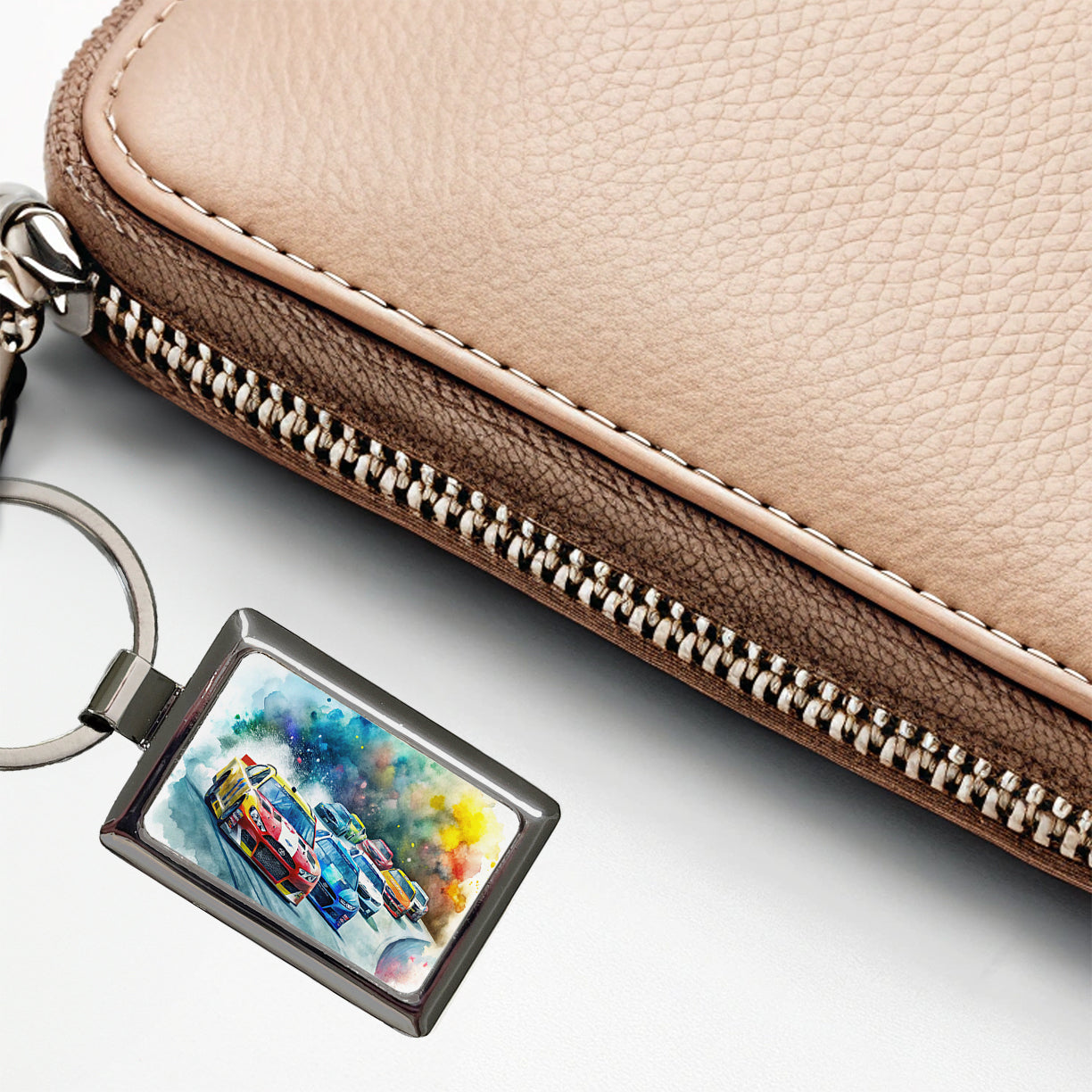 Stock Car Racing Watercolor Rectangle Metal Keychain