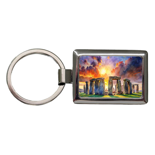 Stonehenge England At Dusk Watercolor Rectangle Metal Keychain