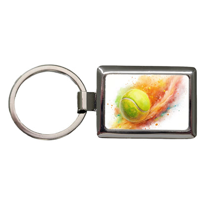 Tennis Ball Rocketing Through The Air Watercolor Rectangle Metal Keychain