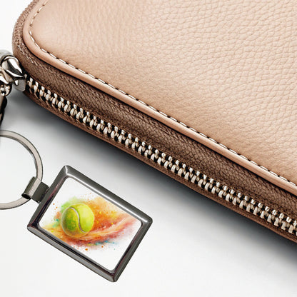 Tennis Ball Rocketing Through The Air Watercolor Rectangle Metal Keychain
