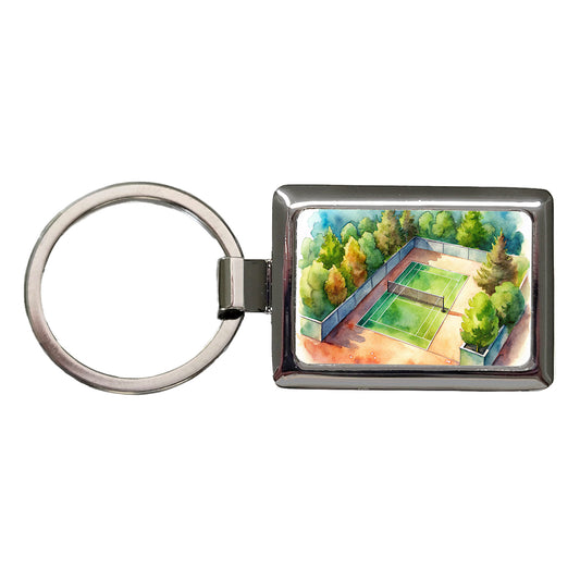 Tennis Court Watercolor Rectangle Metal Keychain
