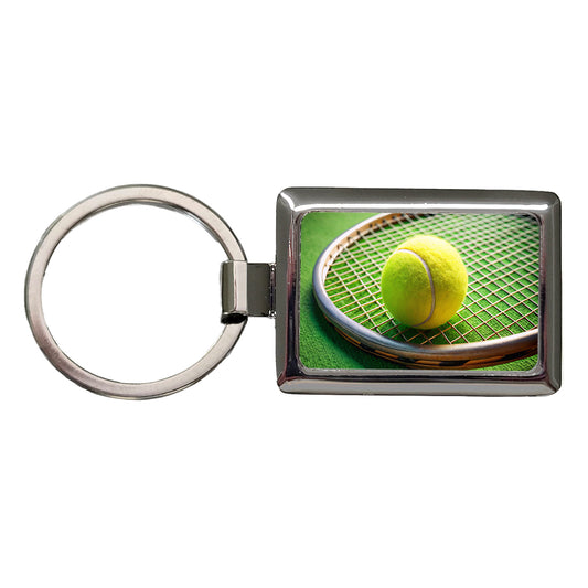 Tennis Racquet and Ball Close-up Rectangle Metal Keychain