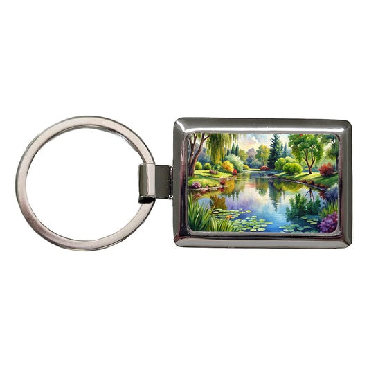 Tranquil Pond Scene Watercolor Rectangle Metal Keychain