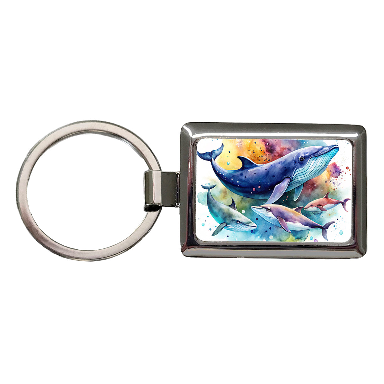 Whales Family Colorful Watercolor Rectangle Metal Keychain